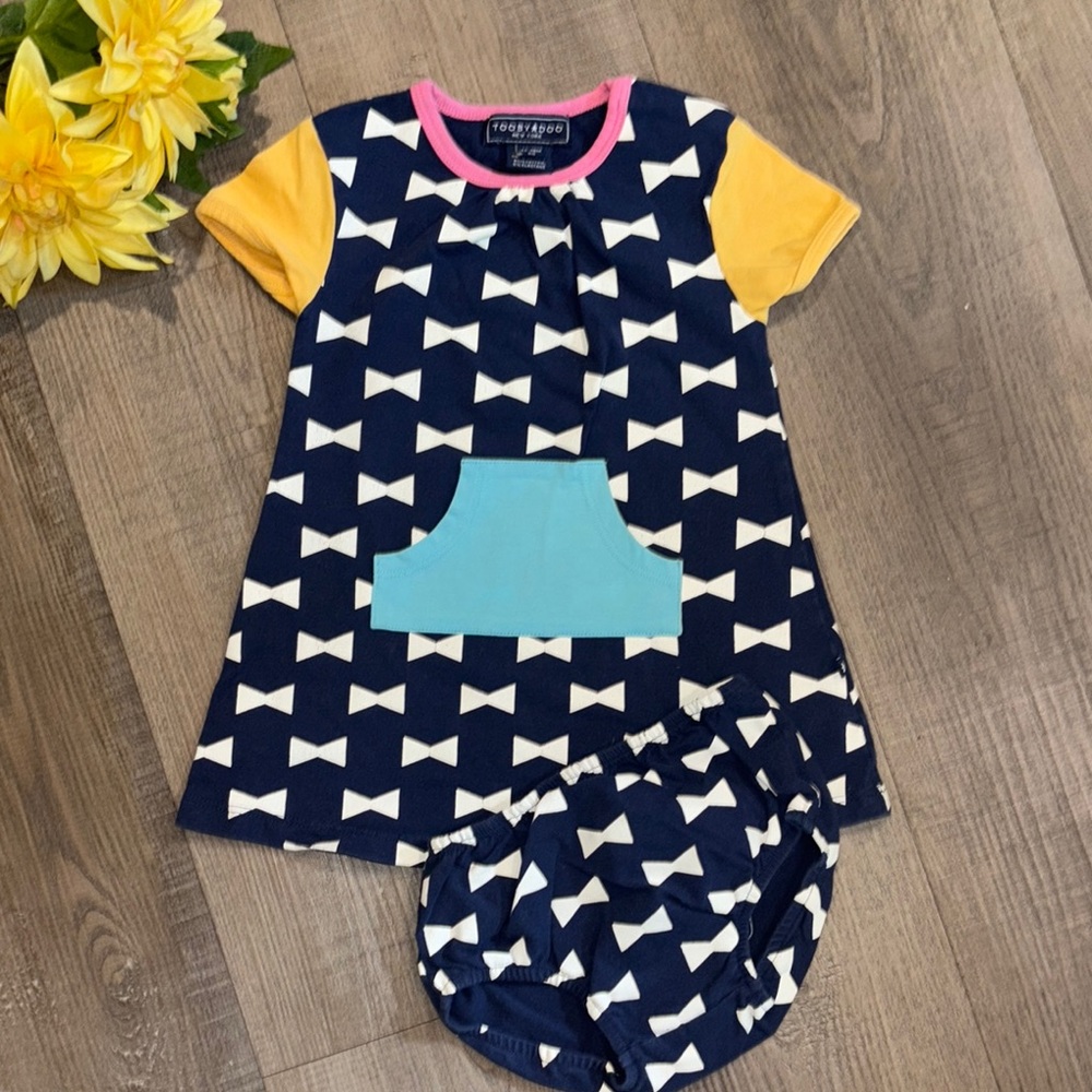 Toobydoo Navy and Pink Dress with White Bow Print